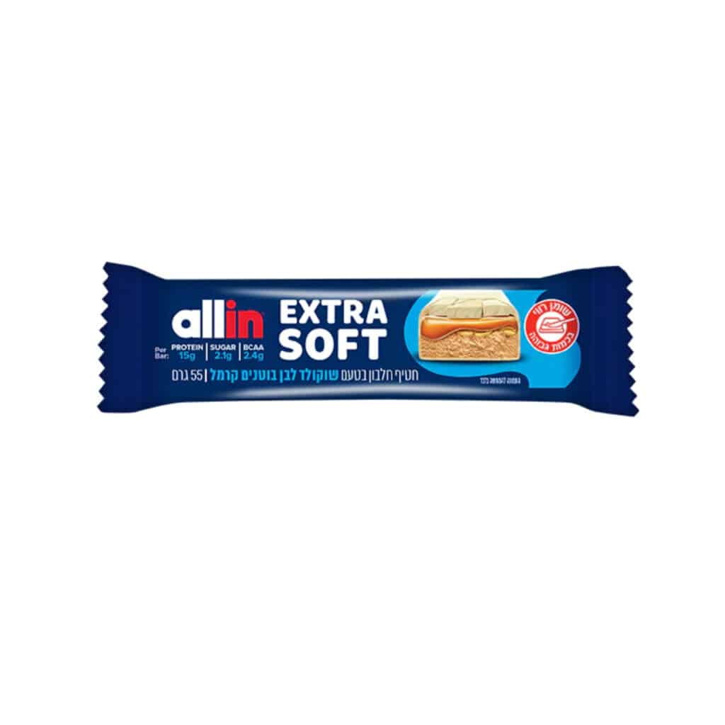 חטיף חלבון בטעם שוקולד לבן בוטנים קרמל allin protein bar (extra soft)